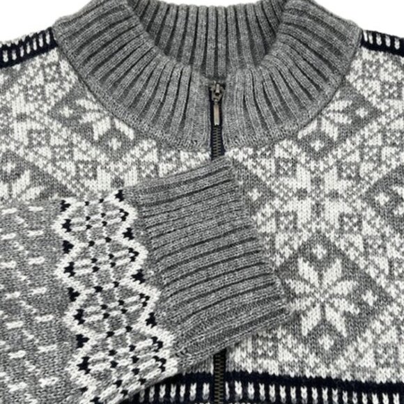 Vintage Men’s XL 100% Wool Nordic Fair Isle Zip Cardigan Sweater Gray Black Knit - Picture 1 of 8